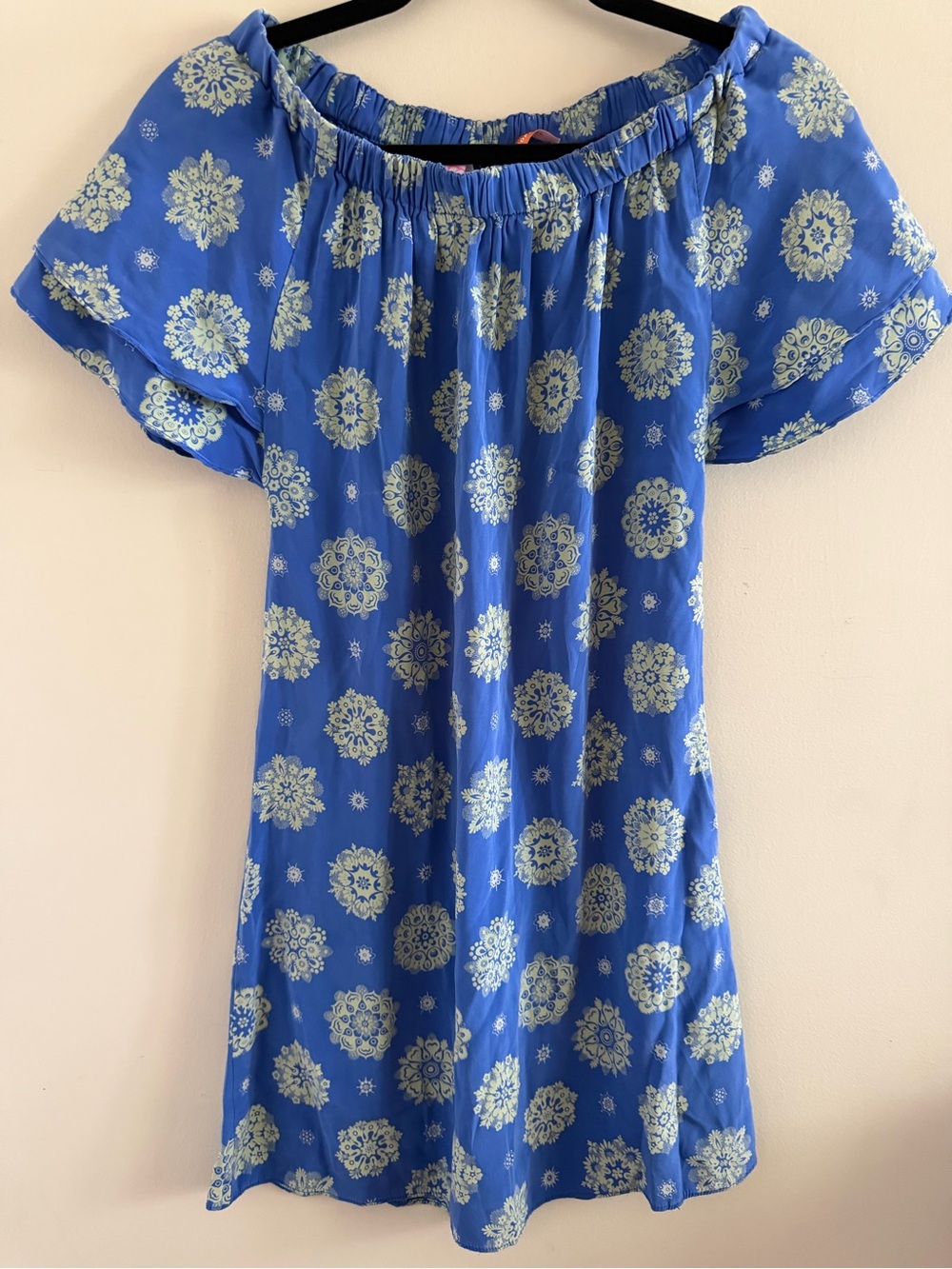 AKA New York Blue Mini Silk Dress with Cream Medallion Print